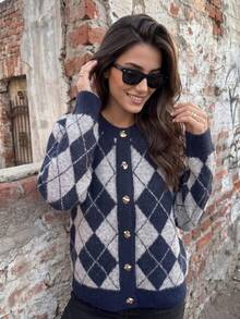 Senya 2026 Women's Diamond Pattern Knit Cardigan, Navy Grey Button Front Sweater, Soft Round Neck Long Sleeve Top, Preppy Old Money Style Autumn/Winter - Grey - View 3