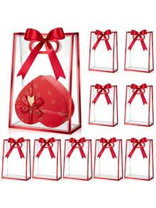 Red Rim Transparent Plastic Gift Bags, With Die-Cut Handle, Reusable PP Gift Bags, With Ribbon, Suitable For Graduation, Wedding, Bridal, Birthday,Christmas, And Wedding Anniversaries. Small Business,Christmas Lovers Gift,Christmas Gifts - Multicolor - View 1