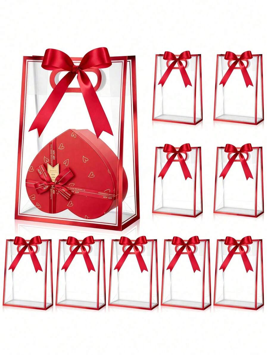 Red Rim Transparent Plastic Gift Bags, With Die-Cut Handle, Reusable PP Gift Bags, With Ribbon, Suitable For Graduation, Wedding, Bridal, Birthday,Christmas, And Wedding Anniversaries. Small Business,Christmas Lovers Gift,Christmas Gifts - Multicolor - View 1