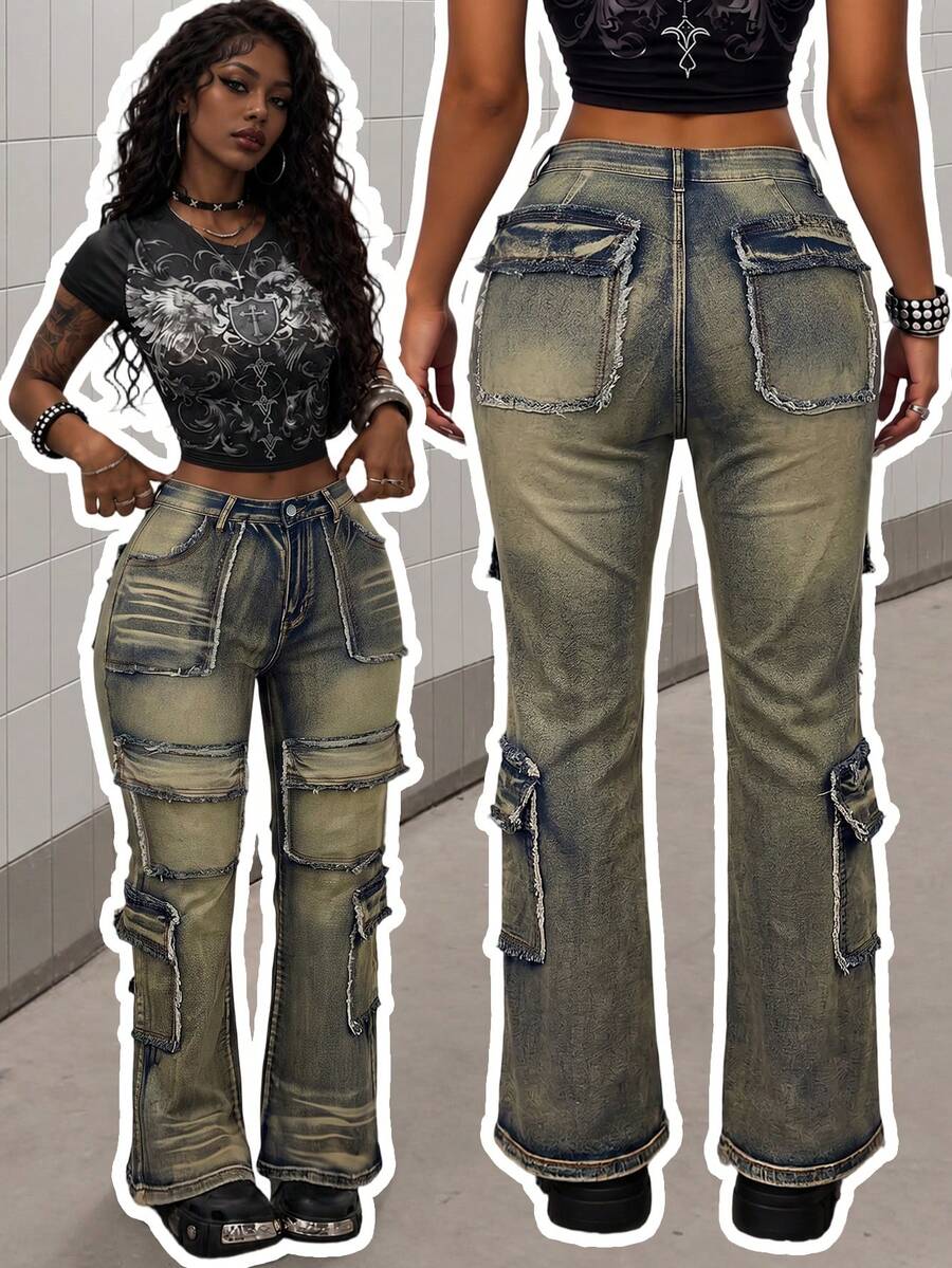 Denim Grunge Style Straight Leg Plus Size Long Pants, Long Length Washed Mid-Stretch, Fashionable Retro Style, Zipper Detail Design, Create Unique Look - Blue - View 1