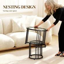 Round Coffee Tables Set Of 2, Nesting Tables With Tempered Glass Top And Steel Frame, Black On-Site - Black + Tempered Glass - View 4