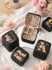 Letter PU Leather Portable Travel Jewelry Storage Box For Women, Stores Necklaces And Rings,Gift Ideas,Suitable For Home Storage And Commuting. - Flowers Letter 2 - View 7