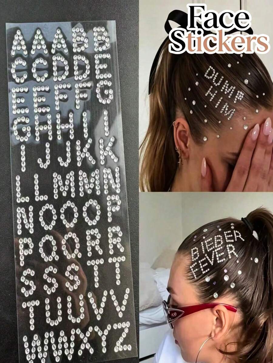 1pc DIY Letter Rhinestone Sticker | 26 English Alphabet Full Set, Self-Adhesive Glitter Design, Customizable Text, Create Personalized Makeup! Suitable For Music Festivals, Parties, Hot Girl Looks, Apply To Forehead, Hair, Cheeks For Eye-Catching Effect, Bling Bling With Built-In Highlight, Easy To Use, Waterproof And Long-Lasting, Effortlessly Unlock Cool And Spicy Vibe, Make You The Center Of Attention - Multicolor - View 1