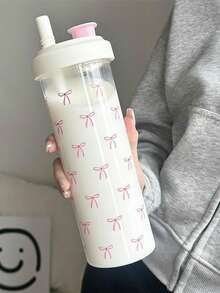1pc Pink Bow Water Bottle, Simple School Water Bottle, Large Capacity Straw Portable Plastic Cup High-Value Student Cup Portable Water Bottle, Water Airport, Cup, Possible - View 4