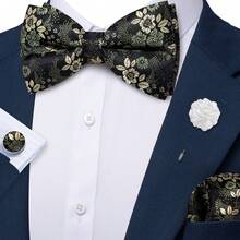 4件組男士深綠色小碎花提花領結口袋巾袖扣胸針套裝，適用婚禮、商務、派對 - 墨綠色 - 查看 2
