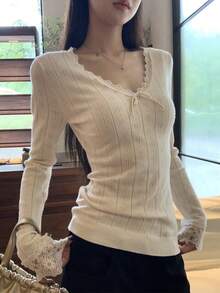 Solid Color Lace Patchwork Knit Sweater Women Early Autumn Vibe Outfit Lace Top Korean Style V-Neck Slim Fit Flattering Long Sleeve Sweater - Apricot - View 2