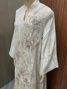 Women's Mesh Embroidered Sequin Small V-Neck Long Sleeve Dress, Woven Fabric, Elegant Kaftan - NC238 - View 2