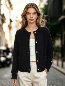 DONICY Women Elegant Fuzzy Knit Cardigan, Round Neck Gold Button Pocket Long Sleeve Fall Outerwear - Black - View 11