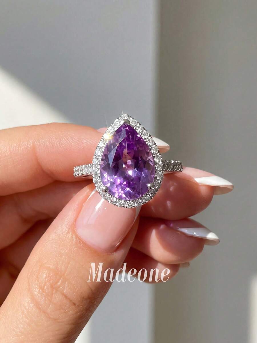 MADEONE 1件優雅水滴形全鋯石戒指,適合女性日常配戴、約會、派對裝飾、訂婚儀式 - 紫鑽 - 查看 1