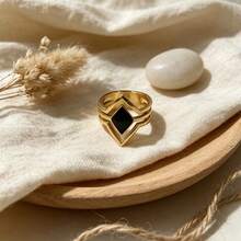 1pc Vintage Geometric Layered Open Gold & Black Square Enamel Decorative Ring, Women's Party Jewelry - Black - View 3