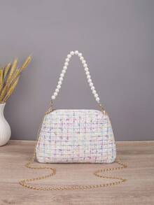 1pc Women's Pastel Tweed Evening Bag With Pearl Top Handle & Detachable Chain Strap, Elegant Mini Handbag For Party, Wedding & Date - White - View 6