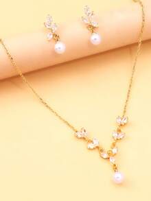 1pc/3pcs Rhinestone Leaf & Faux Pearl Pendant Necklace & Earrings Set For Women, Bridal Wedding Full Rhinestone Jewelry Set, Wedding Dress Accessory - Leaf - View 4
