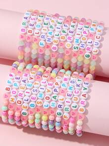 12Pcs Kids Glow‑In‑The‑Dark Letter Beaded Bracelet Set, Random Color, Meaningful Colorful Letter Jewelry, Perfect Birthday Gift For Children Girls - Multicolor - View 4
