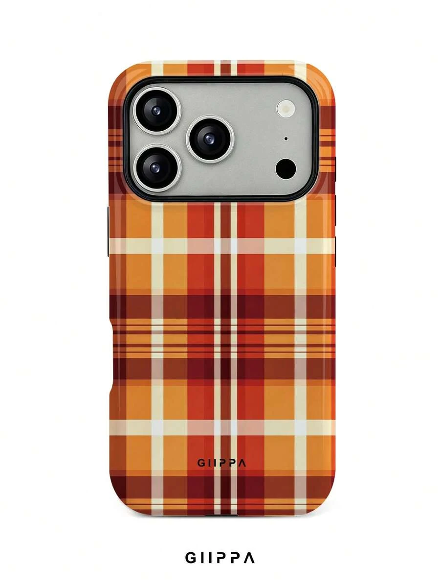 GIIPPA 1pc Autumn Color Palette Brown & Orange Plaid Pattern Design, Phone 17 Pro Max Phone Case, Compatible With Phone 16 Pro Max, 15 Pro Max, 14 Pro Max, Korean Style High-End Fashionable & Fun Phone Case, Suitable For 11/12/13/14/15/16 Pro Max Plus, Elegant Design For Men & Women, Perfect Gift For Girlfriend On Christmas, Valentine's Day, Easter, Wedding Season And Birthday! - Multicolor - View 1