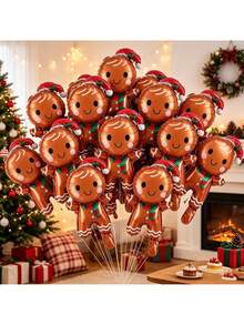10pcs Mini Gingerbread Man Aluminum Foil Balloons (Ribbon Not Included), Suitable For Christmas Party Decoration, Theme Party Setup, Christmas Atmosphere Decoration, Photo Props - Mini Gingerbread Man - View 3