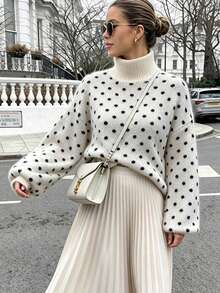 High Neck Polka Dot Knit Sweater, Minimalist Casual Versatile Style Suitable For Casual, Vacation, Date, Autumn/Winter Wear - Off-white - View 5