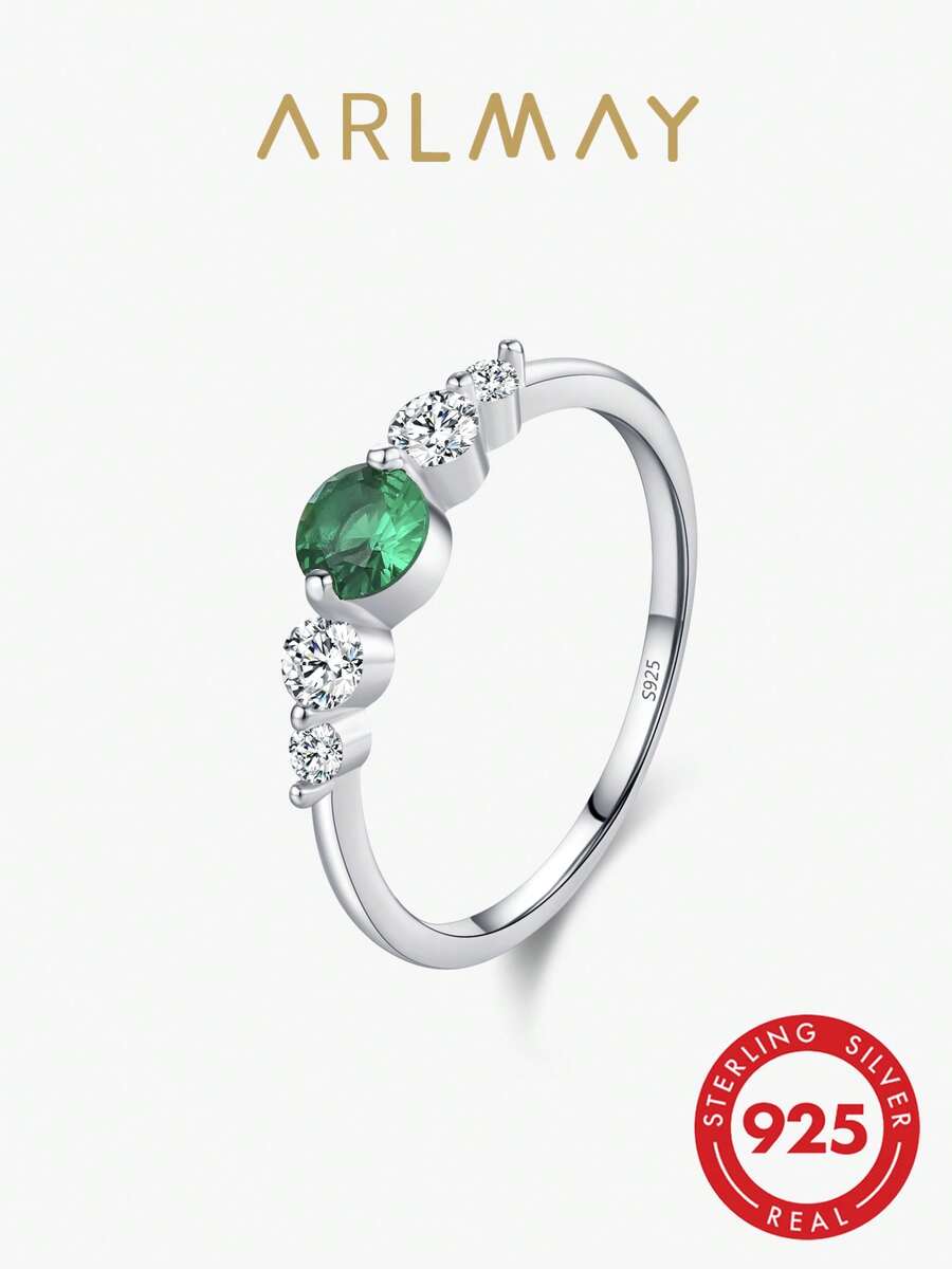 Arlmay 1pc Vintage 925 Sterling Silver Green Zirconia Round Rings For Women Bride Engagement Band Party Jewelry