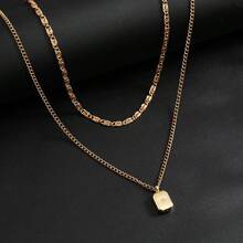 2 Minimalist Double-Layer Stackable Chain Necklaces, Textured Figaro Chain Paired With A Thin Cuban Chain, Adorned With Small Star Square Dog - Silver - View 5