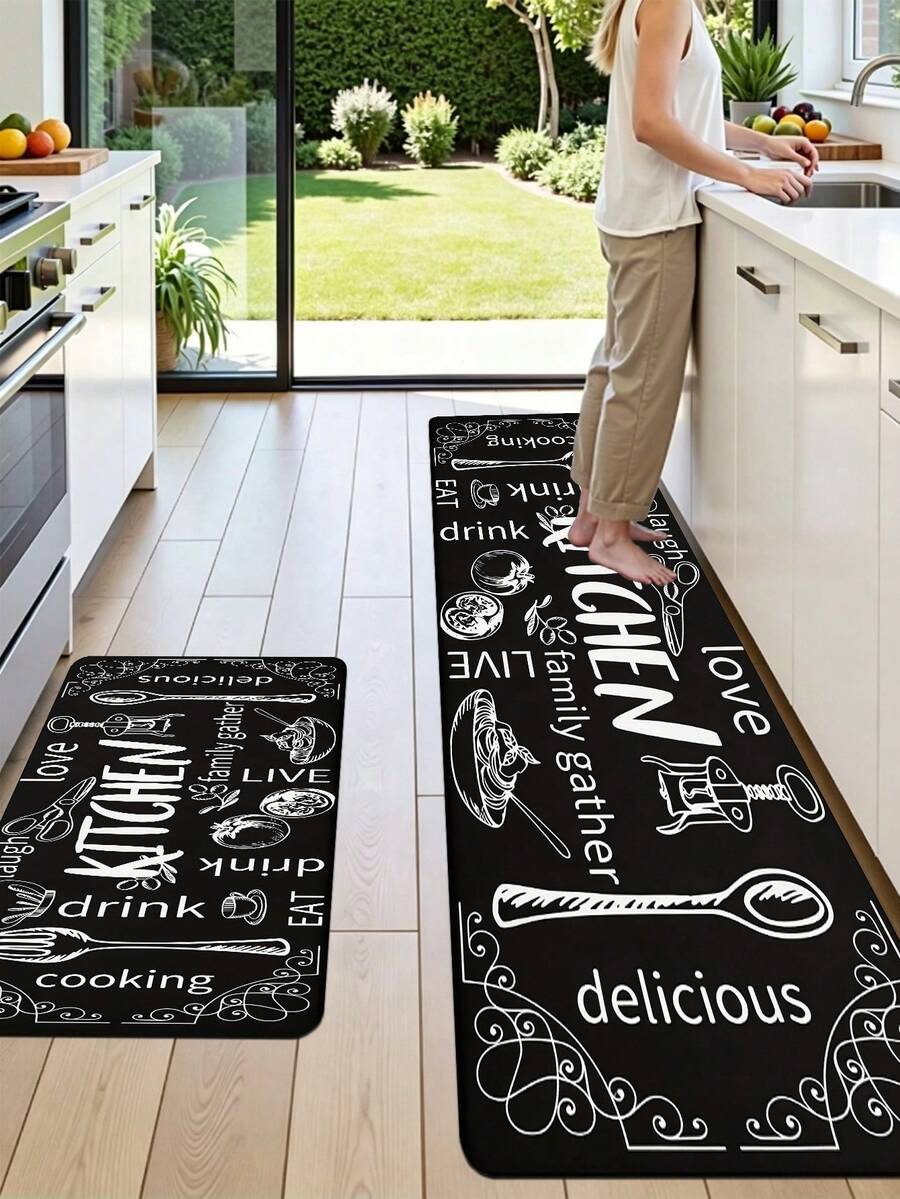 SANJIANGDI 1pc Retro English Sign Design Pattern Kitchen Mat, 0.6mm Crystal Velvet Soft And Machine Washable.Suitable For Kitchen,Corridors, Bathrooms, Living Rooms, Outdoor Door Mats, And Toilets. Useable Throughout The Year And For Various Holidays. - Multicolor - View 1