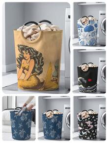 1PC Ocean‑Print Fabric Laundry Basket, Foldable Multi‑Purpose Storage Bin With Handles, Dirty Clothes Hamper For Garments, Socks, Jewelry & Toys - Multicolor - View 5