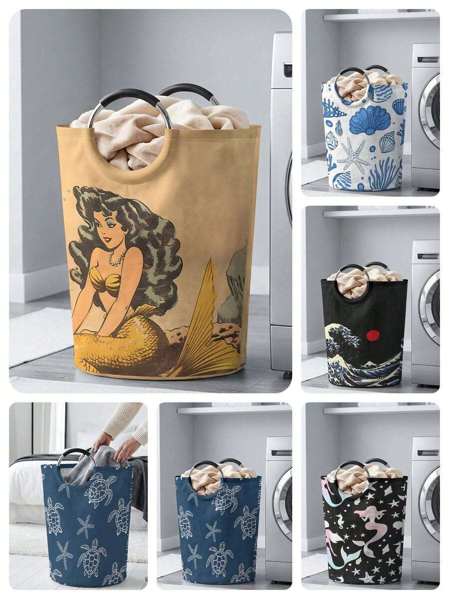 1PC Ocean‑Print Fabric Laundry Basket, Foldable Multi‑Purpose Storage Bin With Handles, Dirty Clothes Hamper For Garments, Socks, Jewelry & Toys - Multicolor - View 1