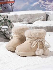 可愛毛球蝴蝶結嬰兒雪地靴 米色超厚絨毛內裡 防滑軟底嬰兒冬季短靴 - 米色 - 查看 4