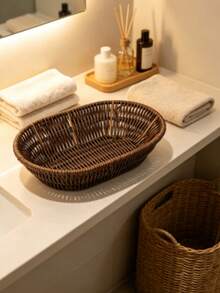 Handmade Woven Fan Shaped Storage Basket, Brown Imitation Rattan Wicker Tray For Bread Fruit Food Serving - Oval - View 2