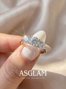 1pc Women's Sparkling Cubic Zirconia Three-Stone Ring, Engagement Wedding Party Daily Wear Anniversary Jewelry Gift - Silver - View 2