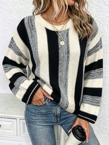 Plus Size Casual Fashion Black & White Striped Colorblock Crew Neck Long Sleeve Knit Sweater - Black and White - View 3