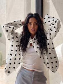 Women's Spring Pink Polka Dot Short Jacket, Stand Collar Long Sleeve Outerwear With Adjustable Bow And Hem Vacation - White - View 5