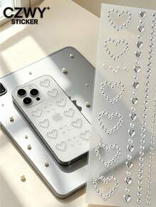 1pc Silver Hollow Rhinestone Heart Sticker, Computer Phone Decoration Sticker, Comes With Tweezers, Heart Chain Rhinestone Combination, Phone Case Gift Box, Self-Adhesive, Decorative Rhinestone Sticker - Heart-shaped - View 2