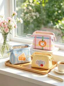 1pcCasual Style PU Fabric Curved Cosmetic Bag, Striped & Plaid Print With Fruit & Animal Graphic, Zipper Pouch With Hand Strap, Storage Pouch For Makeup, Skincare And Small Items, Travel Cosmetic Case, Suitable For Daily Use, Trip, All Season Use - Multicolor - View 7