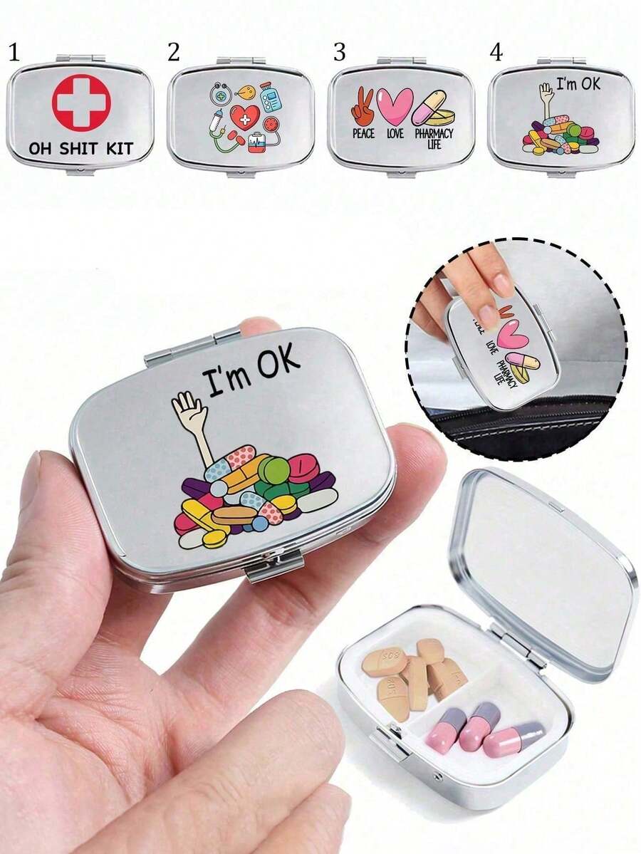 Kotak Pil Persegi, Dicetak dengan Pola Kapsul, Tablet, Huruf, Botol Pil, Kompartemen Penyimpanan Obat Portabel, Kotak Penyimpanan Logam Mini, Kotak Perhiasan dan Pil Portabel, Kotak Pil Perjalanan, Kompartemen Kapasitas Besar, Pengatur Obat Mingguan, Cocok untuk Obat dan Vitamin Harian, Penting untuk Dokter dan Perawat, Kebutuhan Darurat, Perjalanan, Penyelamatan Darurat Mendaki, Hadiah Kreatif yang Dipersonalisasi dengan Logo Kartun, Hanya Kotak Kosong