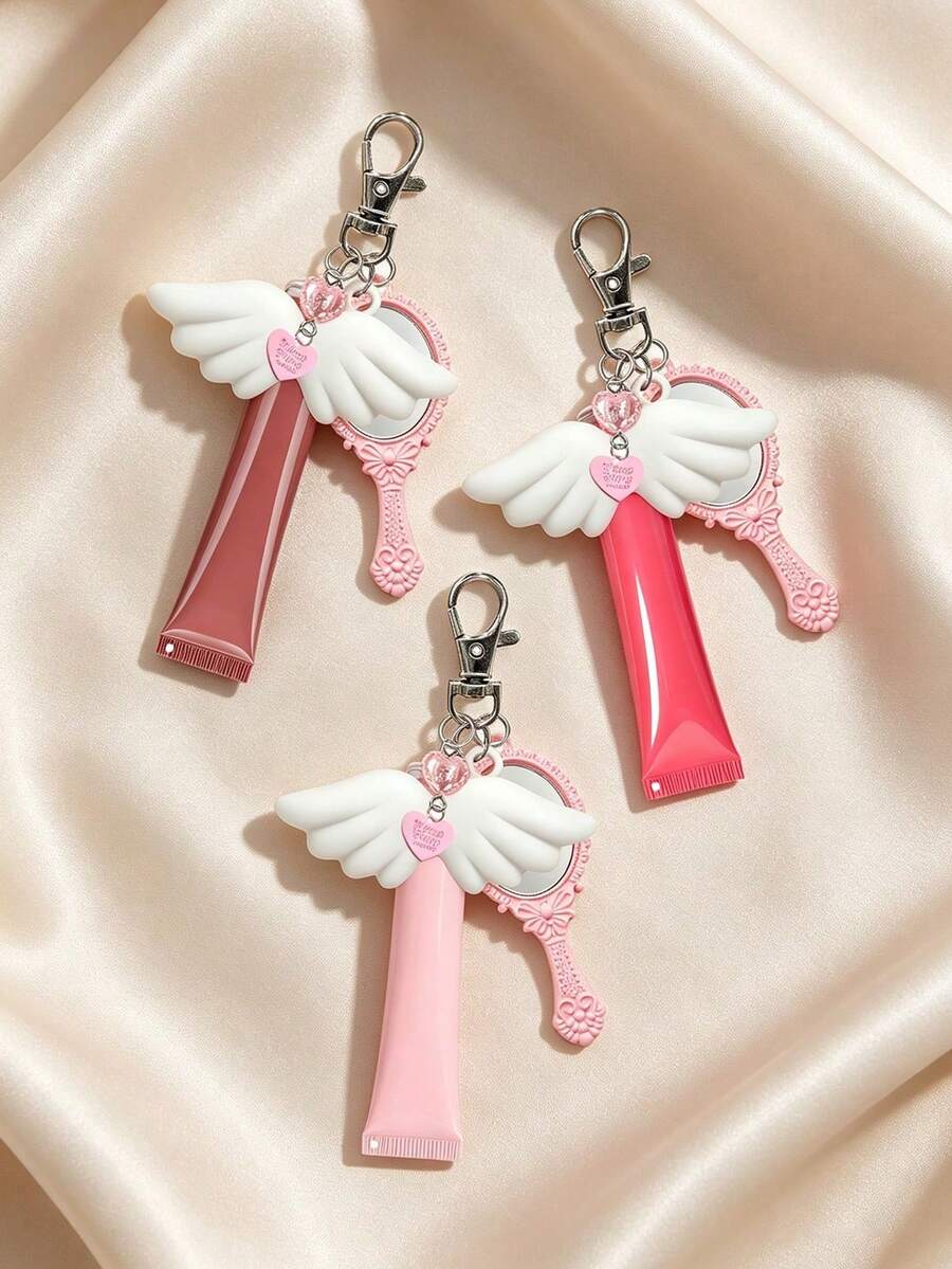 15ml Fashionable Slanted Lip Gloss Tube With Cute Pink Handheld Mirror Keychain, Angel Wing Shaped Lip Gloss Cap, Multi-Functional Fashion Bag Charm, Refillable Cosmetic Container, Squeeze Dispenser Bottle, Lip Gloss Keychain - Multicolor - View 1