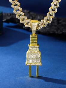 1PC Iced Out Plug Pendant Necklace, Hip Hop Bling Cuban Link Chain Power Plug Charm For Men Rapper Party Jewelry - Full Diamond Plug Pendant Cuban Chain - View 7
