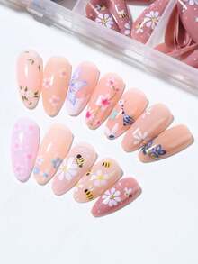 24pcs Long Almond Flower Nail Tips, French Acrylic Material, Perfect Fit - Multicolor - View 4