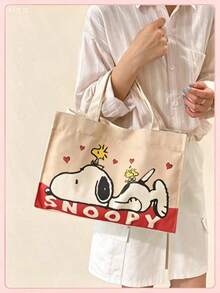 1pc Snoopy Striped Canvas Tote Bag, Large Capacity Shoulder Bag, Cute Multifunctional Handbag, Suitable For Work, Casual, Travel, School, Birthday, Valentine's Day, Mother's Day Gift - A - View 5