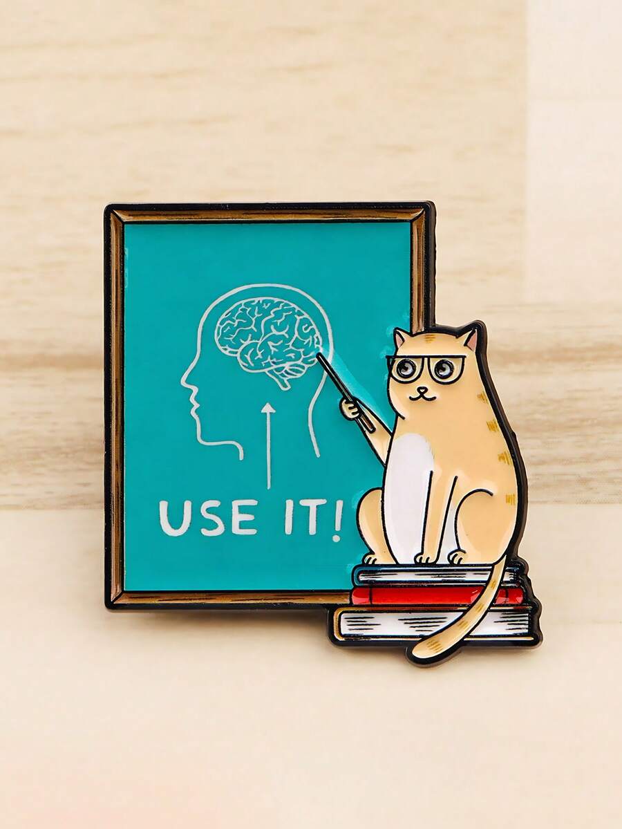 1pc Creative Learning Style Alloy Enamel Glasses Cat Brooch, Unisex Backpack & Clothing Decor Gift - Board Cat - View 1