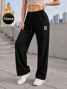 Women High Waist Thermal Lined Wide Leg Sweatpants Drawstring Casual Pants With Pockets Relaxed Fit For Everyday Wear. - Black - View 2