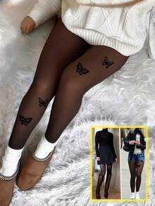 80G/200G Autumn/Winter Sheer Butterfly Pattern Thermal Lined Thick Tights, Coffee Color, Daily Casual, Halloween, Christmas Gift - Multicolor - View 2