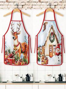 2pcs Christmas Cartoon Character Print Apron Set, Penguin Santa Snowman Elf Pattern Kitchen Cooking Baking Aprons For Holiday Party Home Decoration - Multicolor - View 2