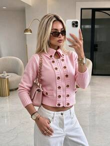 MORI Fall Winter Women Sweaters Y2K Preppy Pink Zipper Cardigan Double Breasted Button Collar Knit Tops Cropped School Streetwear Outfits Tops - Pink - View 5