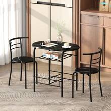 3-Piece Dining Table Set , Metal Frame Wood Top Breakfast Bar Table Set 2, Dining Table/Storage Shelf & 2 Chairs On-Site - Black + Engineered Wood - View 2