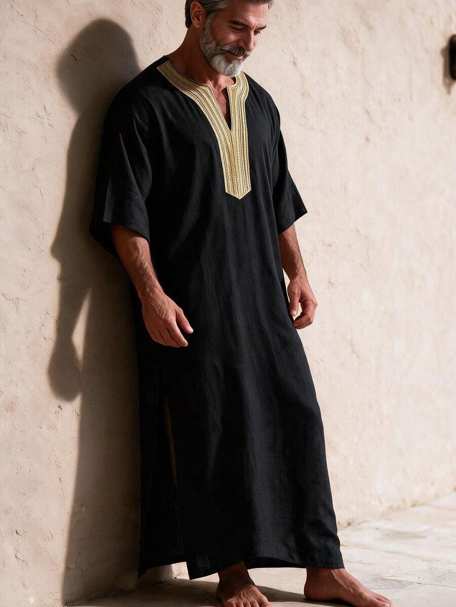 GOLDREDY Men's Casual Fashion Long Patchwork Customized Embroidered Collar Minimalist Elegant Commute Versatile Unique Style Essential Short Sleeve Long Robe - Black - View 1
