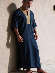 GOLDREDY Men's Casual Fashion Long Patchwork Customized Embroidered Collar Minimalist Elegant Commute Versatile Unique Short Sleeve Long Robe - Navy Blue - View 1