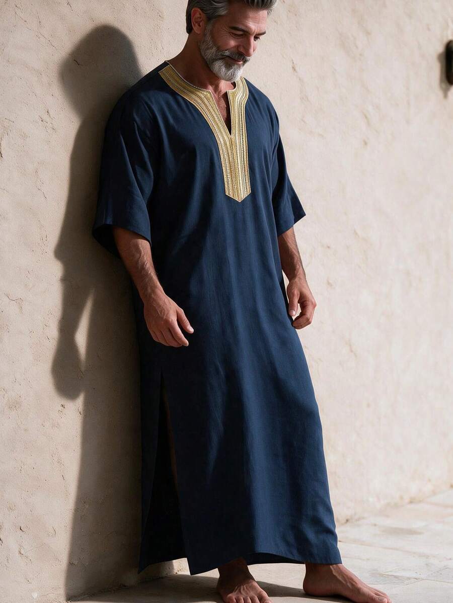 GOLDREDY Men's Casual Fashion Long Patchwork Customized Embroidered Collar Minimalist Elegant Commute Versatile Unique Short Sleeve Long Robe - Navy Blue - View 1