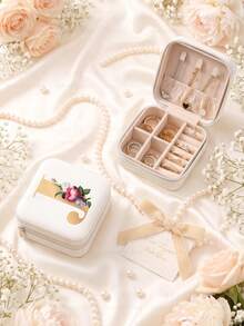 Letter PU Leather Portable Travel Jewelry Storage Box For Women, Stores Necklaces And Rings,Gift Ideas,Suitable For Home Storage And Commuting. - Flowers Letter 2 - View 79