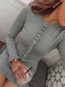 Women's Elegant Grey Ribbed Knit Fitted Long Sleeve Ruffle Hem Metal Button Sweater Dress, Autumn/Winter Date Outfit Fall - Grey - View 7