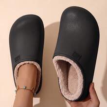 MAOLI Water-Resistant Thick Fleece Lining Perforated Clogs, Fashionable Durable Breathable Round Toe Solid Color Half-Cover Home Slippers, Unisex - Black - View 10