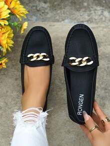 Women's Spring New Arrival Gold Chain Decor Slip-On Loafers, Light Weight Comfortable Versatile Rubber Flat Shoes - Black-two-tone - View 2